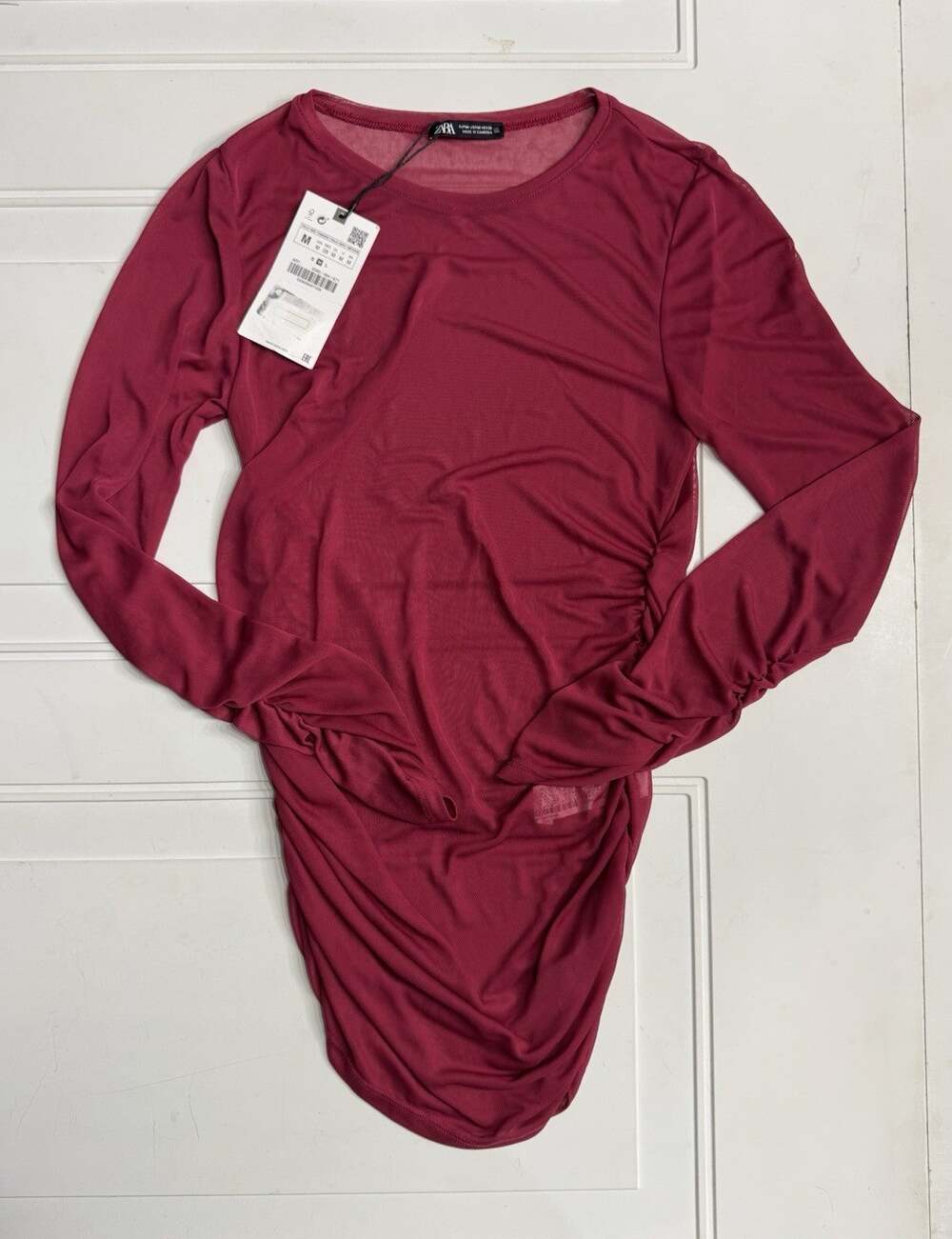 Zara NWT Womens Sz M Sheer Red Burgundy Ruched Blouse Top Tunic Mini Dress